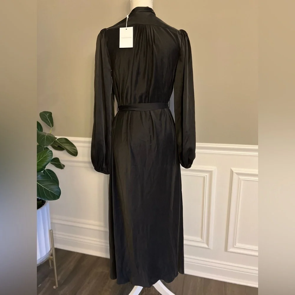 Zimmermann FW23 Silk Tie-Neck Gathered Bollow Dress in Black sz 0 US 4 795$ NWT